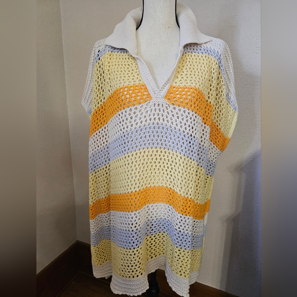 Free People Cream, Orange, and Blue Crochet Tunic